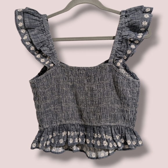 Cleobella Chambray Daisy Floral Flutter Sleeve Smocked Ruffle Top Coquette - Picture 3 of 8